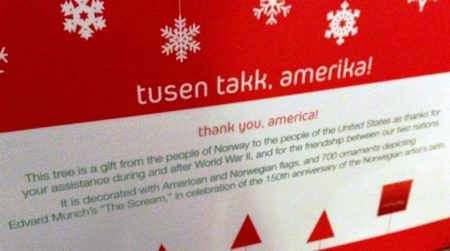 Tusen-takk-Amerika or Thank you, America banner from the Norwegian Embassy's 2013 Friendship Christmas Tree at Union Station in Washington, DC. Photo copyright: Michele Bartram