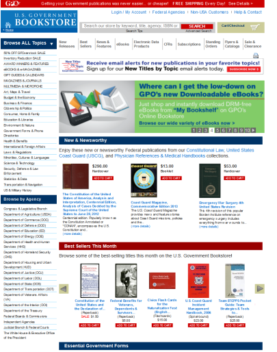 Image: Today's U.S. Government Online Bookstore home page as of March 12, 2014. 