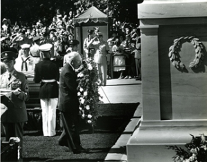President Dwight D. Eisenhower places a wreath at the Tomb of the Unknown Soldier of World War I during interment ceremonies for the Unknown Servicemen of World War II and the Korean Conflict, at Arlington National Cemetery. Image source: Old Guard