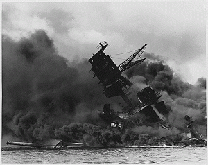 Battleship USS Arizona on fire and sinking (Image sources: archives.gov)